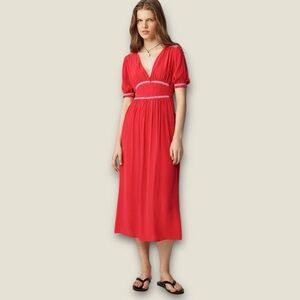 NWT J Crew smocked trim midi red dress